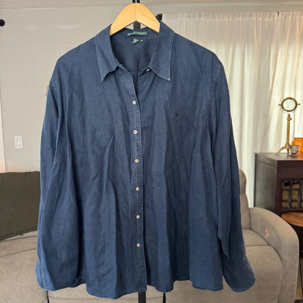 Vintage Womens Ralph Lauren Button Down Shirt XL Navy Blue 100% Linen Old Money